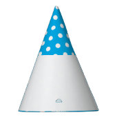 Helder gestippelde hemelsblauwe top op wit kleuren feesthoedjes (Rechts)