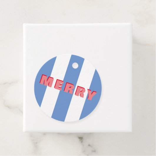 Helder gestreepte blauwe kerst 'vrolijk' bedankjes labels (In situ)