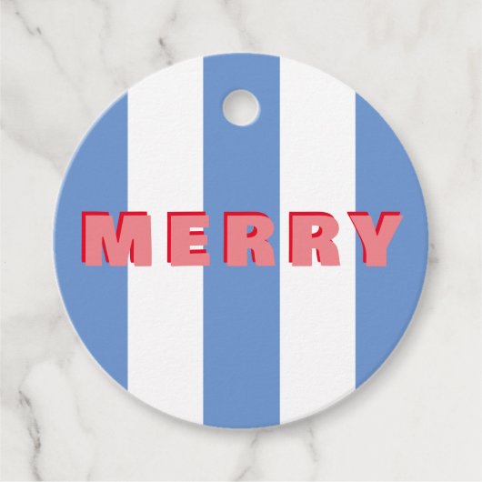 Helder gestreepte blauwe kerst 'vrolijk' bedankjes labels (Voorkant)