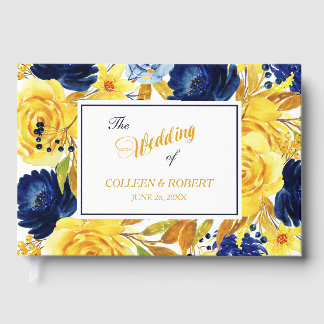Helder Goud Marine Blauw Bloemen Bruiloft Gastenboek