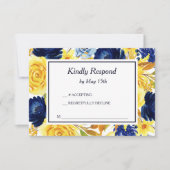 Helder Goud Marine Blauw Bloemen Bruiloft RSVP Kaartje (Voorkant)