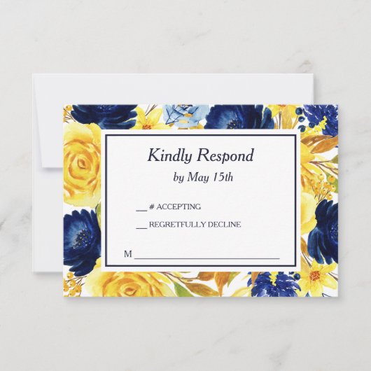 Helder Goud Marine Blauw Bloemen Bruiloft RSVP Kaartje (Voorkant)