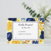 Helder Goud Marine Blauw Bloemen Bruiloft RSVP Kaartje (Staand voorkant)
