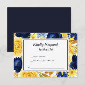 Helder Goud Marine Blauw Bloemen Bruiloft RSVP Kaartje (Voorkant / Achterkant)