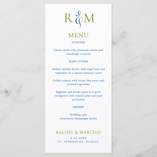 Helder Groen Blauw Eenvoudig Monogram Trouwmenu Menu (Voorkant)
