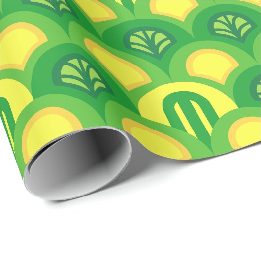 Helder groen en geel scallop art deco patroon cadeaupapier (Rol Hoek)