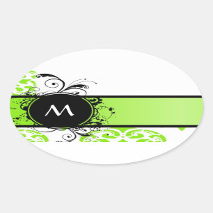 Helder groen monogram patroon ovale sticker