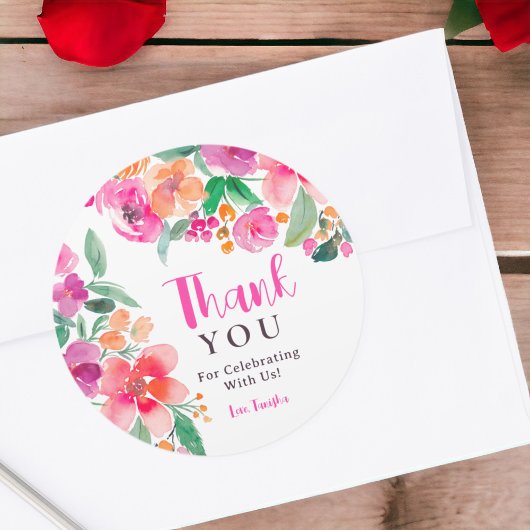 Helder heet roze herfst bloemenbedankt vrijgezelle ronde sticker