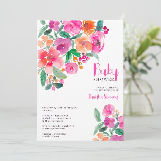 Helder heet roze herfst bloemenschrift baby shower kaart (Staand voorkant)