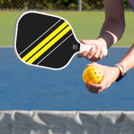 Helder hellend geel witte race strepen op zwart pickleball paddle