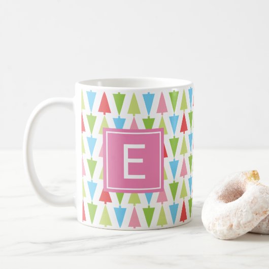 Helder Kerstboom Patroon Girly Roze Monogram Koffiemok (Met donut)
