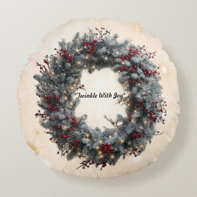 "Helder Kerstgloren" Rond Kussen (Voorkant)