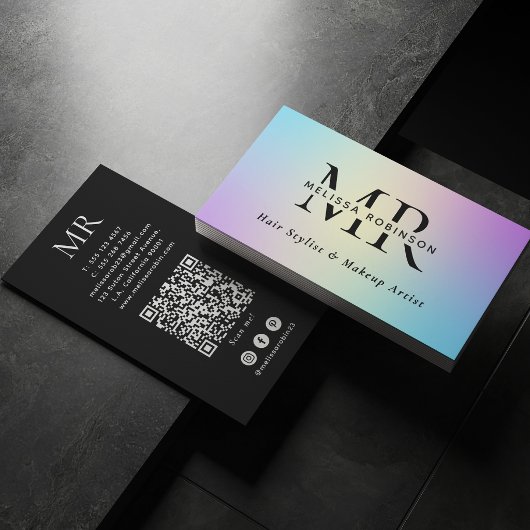 Helder Kleuren Ombre Gradiënt Monogram & QR Code Visitekaartje