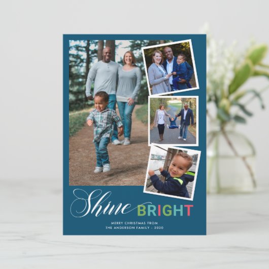 Helder kleurrijk 4-fotoblauw kerstfeest feestdagenkaart (Staand voorkant)