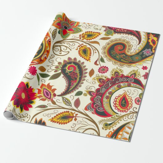  Helder Kleurrijk Bloemen Paisley Patroon Cadeaupapier (Uitgerold)