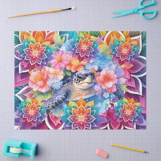 Helder kleurrijk bloemig Zee Turtle & Mandalas Tissuepapier (Craft)