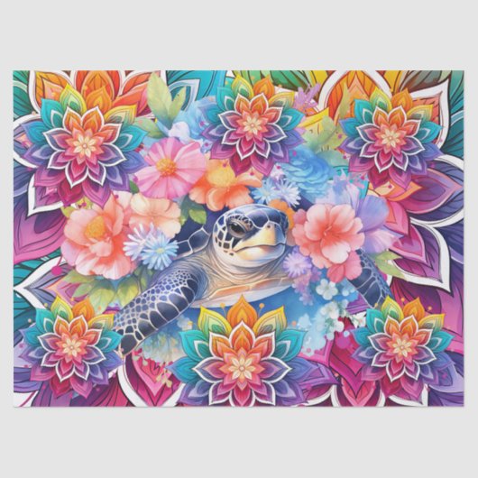 Helder kleurrijk bloemig Zee Turtle & Mandalas Tissuepapier (Voorkant)