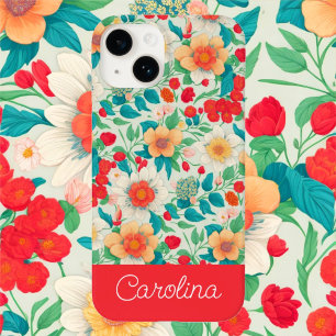 Helder kleurrijk bloemmotief vintage boho rood Case-Mate iPhone 14 hoesje