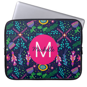 Helder Kleurrijk Chaotisch Bloemmotief Blauw Perso Laptop Sleeve