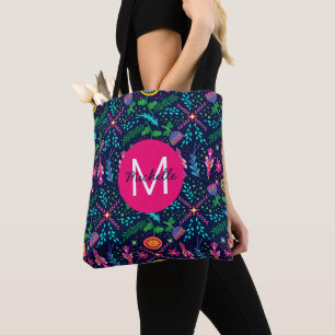 Helder Kleurrijk Chaotisch Bloemmotief Blauwe Pers Tote Bag