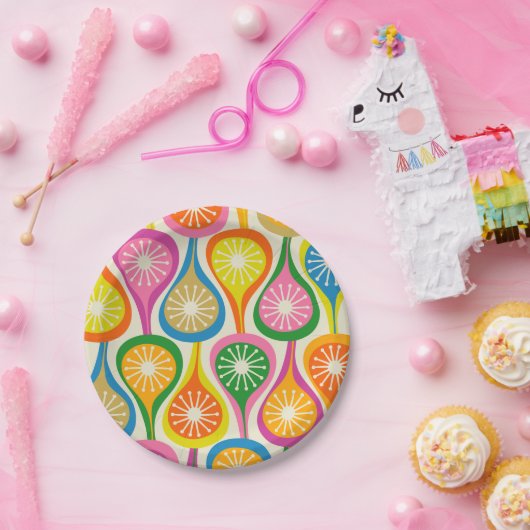 Helder kleurrijk midden eeuw modern atoompatroon papieren bordje (Feest)