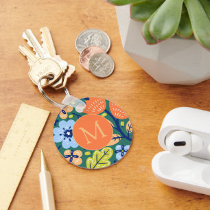Helder Kleurrijk Modern Bloemmotief Met Monogram Sleutelhanger