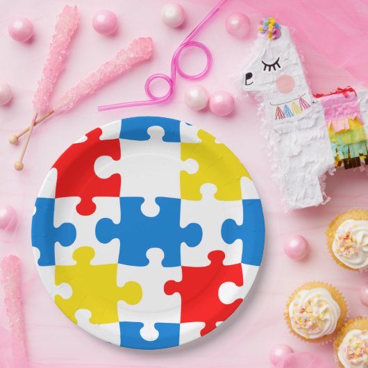 Helder Kleurrijk Puzzel Piece Patroon Papieren Bordje (Feest)