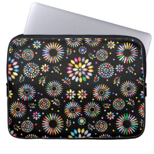 Helder Kleurrijke Bloemcirkels op Zwart Laptop Sleeve