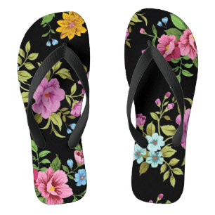 Helder Kleurrijke Bloemen Zwart Teenslippers