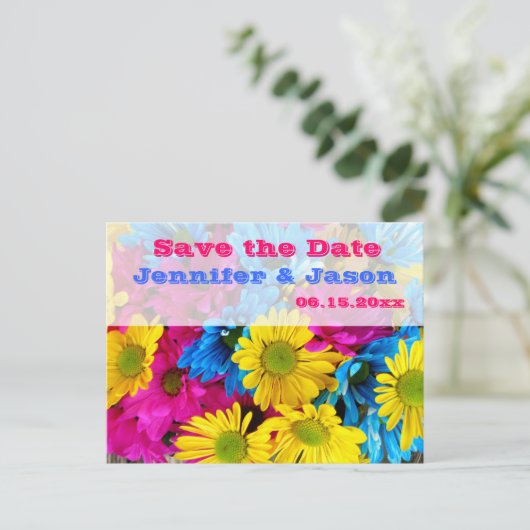 Helder kleurrijke Gerber Daisy Bouquet sla de datu Aankondigingskaart (Staand voorkant)