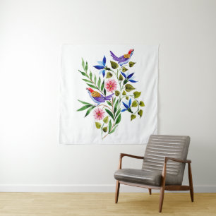 Helder Kleurrijke Vogels en Bloemen Aquarel Wandkleed