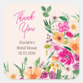 Helder, levendig bloemenscript bruidsshower vierkante sticker (Voorkant)