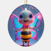 Helder magisch bijenpersonage met sprankelende vle keramisch ornament (Links)