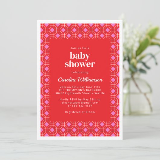 Helder Matig Rood Roze Geometrisch Baby shower Kaart (Staand voorkant)