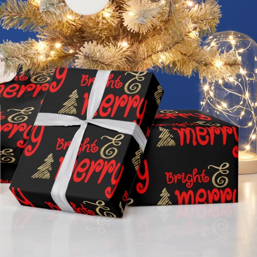 Helder Merry Typografie Red Black Gold Kerstmis Cadeaupapier (Feestdagen)