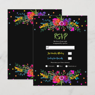 Helder modern bloemmotief & Zwarte Fiesta RSVP ant Kaart