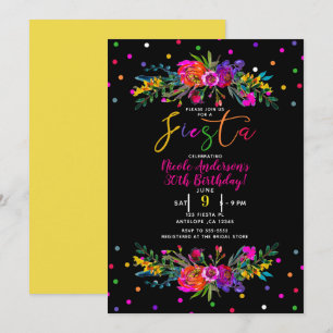 Helder Modern Bloemmotief & Zwarte Fiesta Verjaard Kaart
