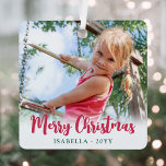 Helder Modern Script Vrolijk Kerstmis Eenvoudige F Metalen Ornament<br><div class="desc">Vier de eenvoudige geneugten van de feestdagen met een kleurrijke moderne 2 foto vierkante metalen ornament. De afbeeldingen en alle tekst op deze sjabloon zijn gemakkelijk te personaliseren en kunnen verschillend of hetzelfde zijn op de voor- en achterkant. Prettige feestdagen kind Het kan elke formulering bevatten, zoals Vrolijk kerstfeest, Het...</div>