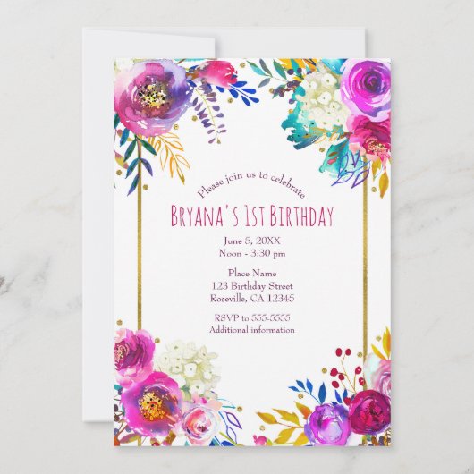 Helder Mooi Kleurrijk Bloemig Modern 1e Verjaardag Kaart (Achterkant)