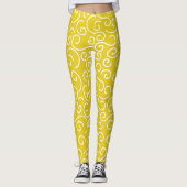Helder Mustard Yellow en wit Doodle Patroon Leggings (Voorkant)