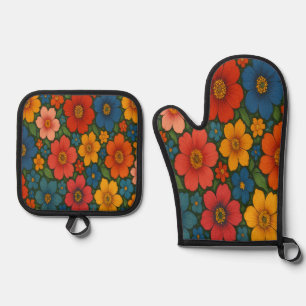 Helder Naadloos Wildflower Patroon Ovenwant & Pannenlap Set