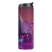 Helder neon nachtelijk stadsbeeld, . thermosbeker (Gedraaid links)