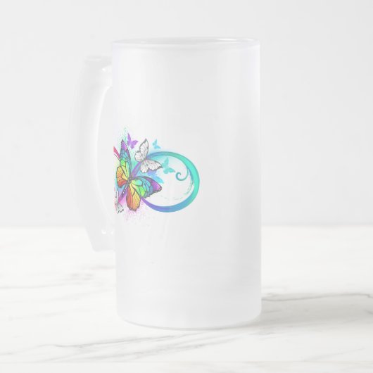 Helder oneindigheid met regenboog vlinder matglas bierpul (Voorkant links)