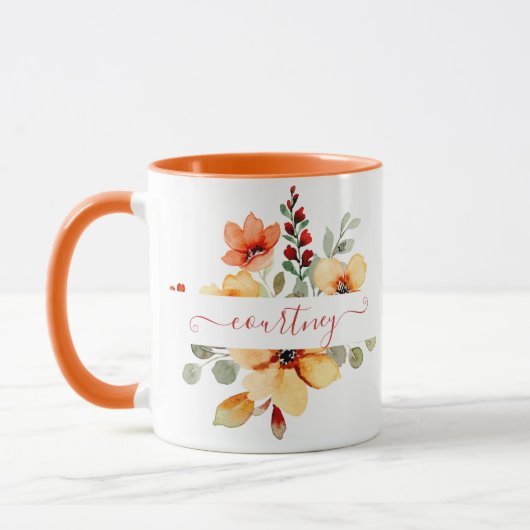 Helder oranje aquarel bloem persoonlijk mok (Links)