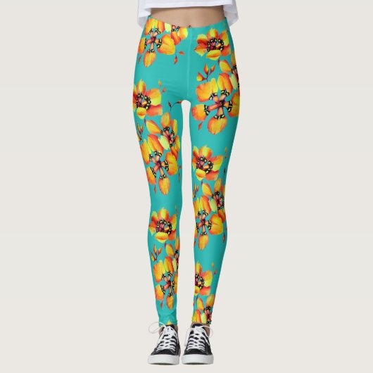 Helder Oranje bloemen - Aqua Leggings (Voorkant)