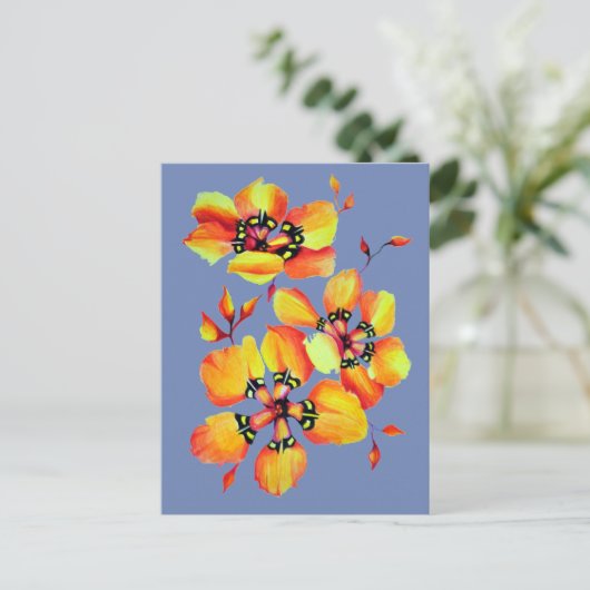 Helder Oranje bloemen - Blauw grijs Briefkaart (Staand voorkant)