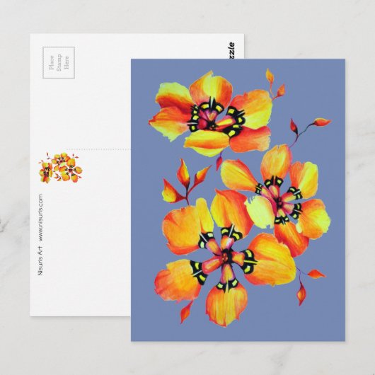 Helder Oranje bloemen - Blauw grijs Briefkaart (Voorkant / Achterkant)