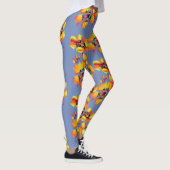 Helder Oranje bloemen - Blauw grijs Leggings (Rechts)
