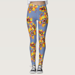 Helder Oranje bloemen - Blauw grijs Leggings