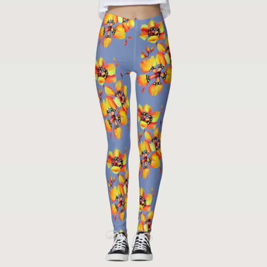 Helder Oranje bloemen - Blauw grijs Leggings (Voorkant)